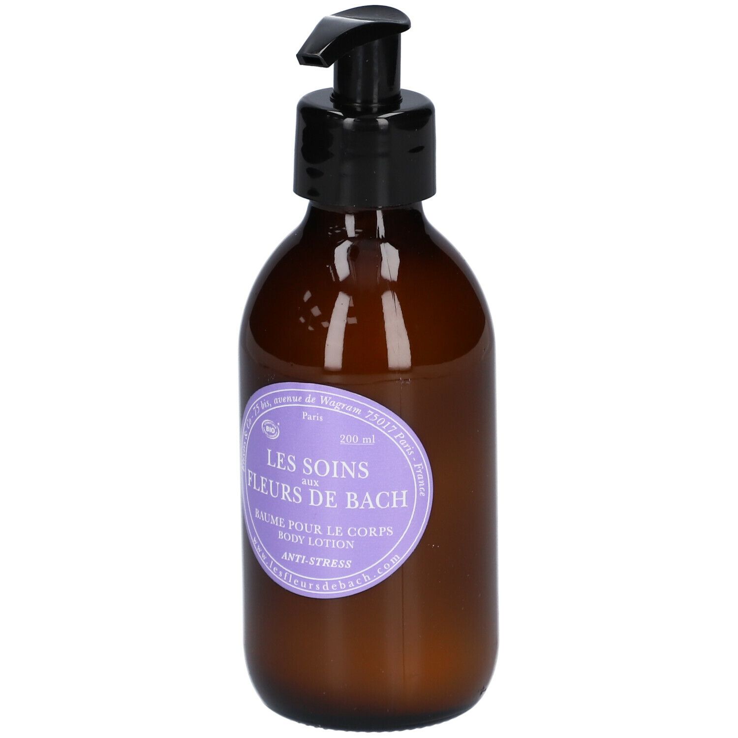 Flacon brun avec pompe noire. Étiquette violette avec texte : Les Soins aux Fleurs de Bach, Baume pour le corps, Anti-Stress.