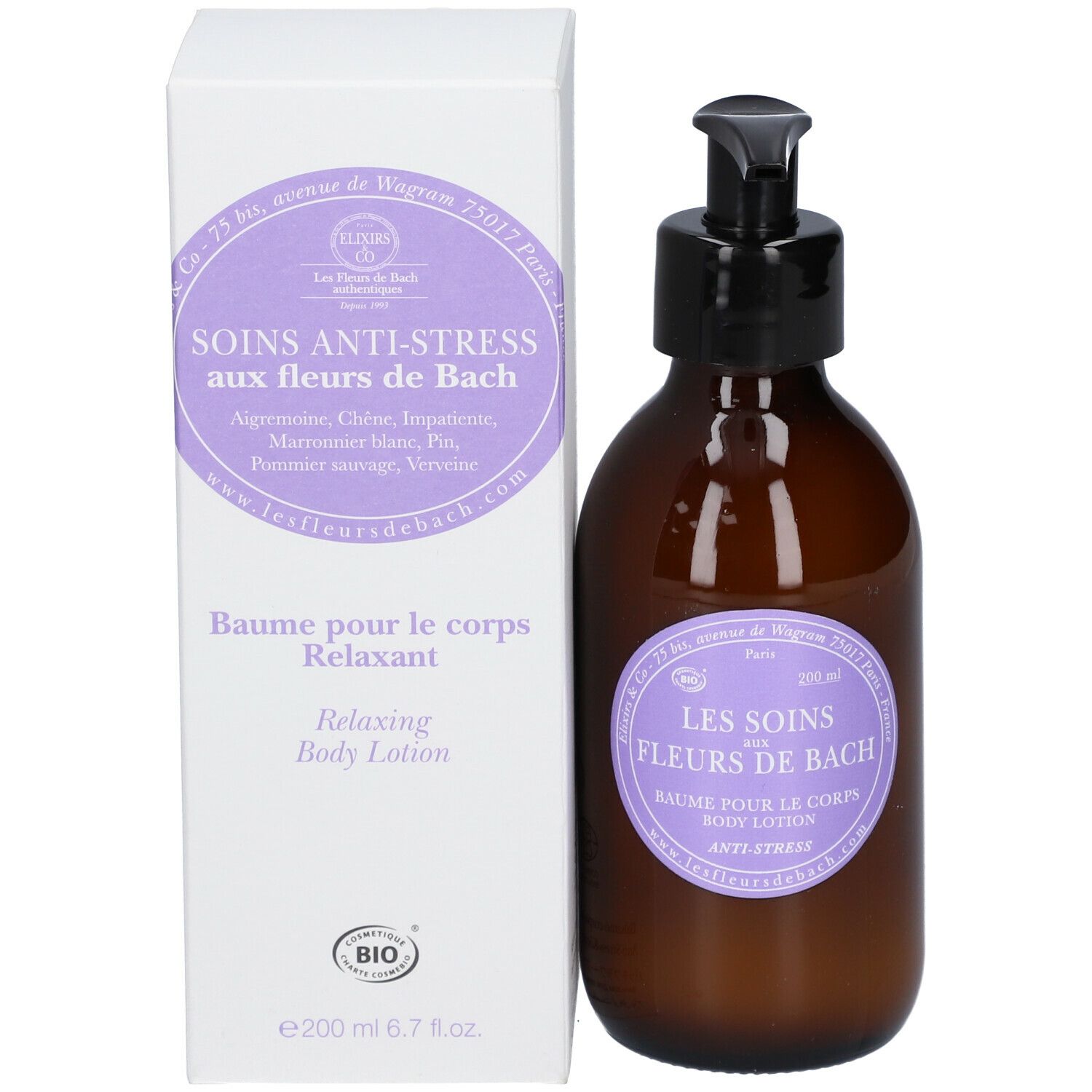 Flacon brun avec pompe noire et emballage blanc. Texte : Les Soins aux Fleurs de Bach, Baume pour le corps Relaxant.