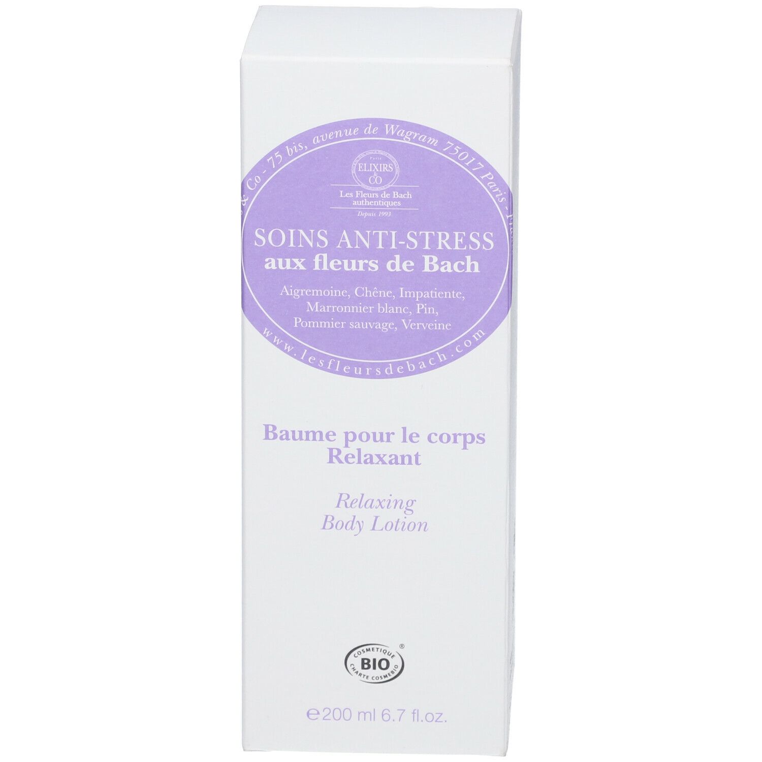 Emballage blanc avec texte : Soins Anti-Stress aux fleurs de Bach, Baume pour le corps Relaxant. Certification Bio.