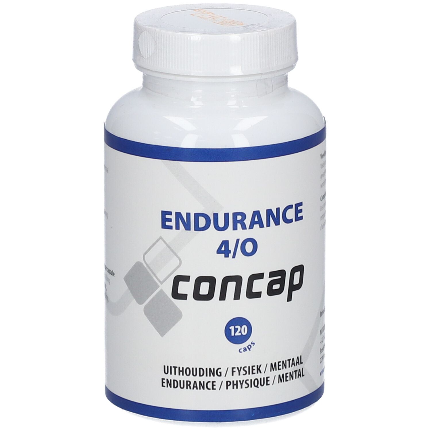 Flacon blanc avec texte bleu. Inscription: Endurance 4/O, Concap, 120 capsules. Sous-titre: Uithouding/Fysiek/Mentaal, Endurance/Physique/Mental.