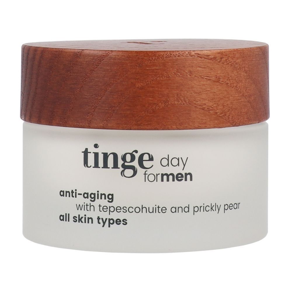 Crème de jour Tinge pour hommes, pot en verre avec couvercle en bois.