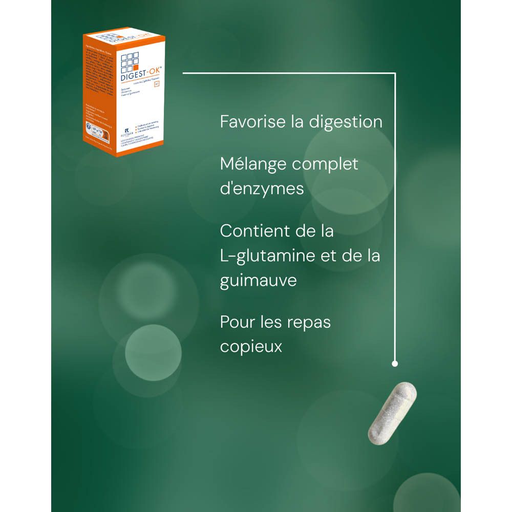 Gélule avec ingrédients. Mélange d'enzymes: Amylase, Lactase, Lipase, Protéase, etc.