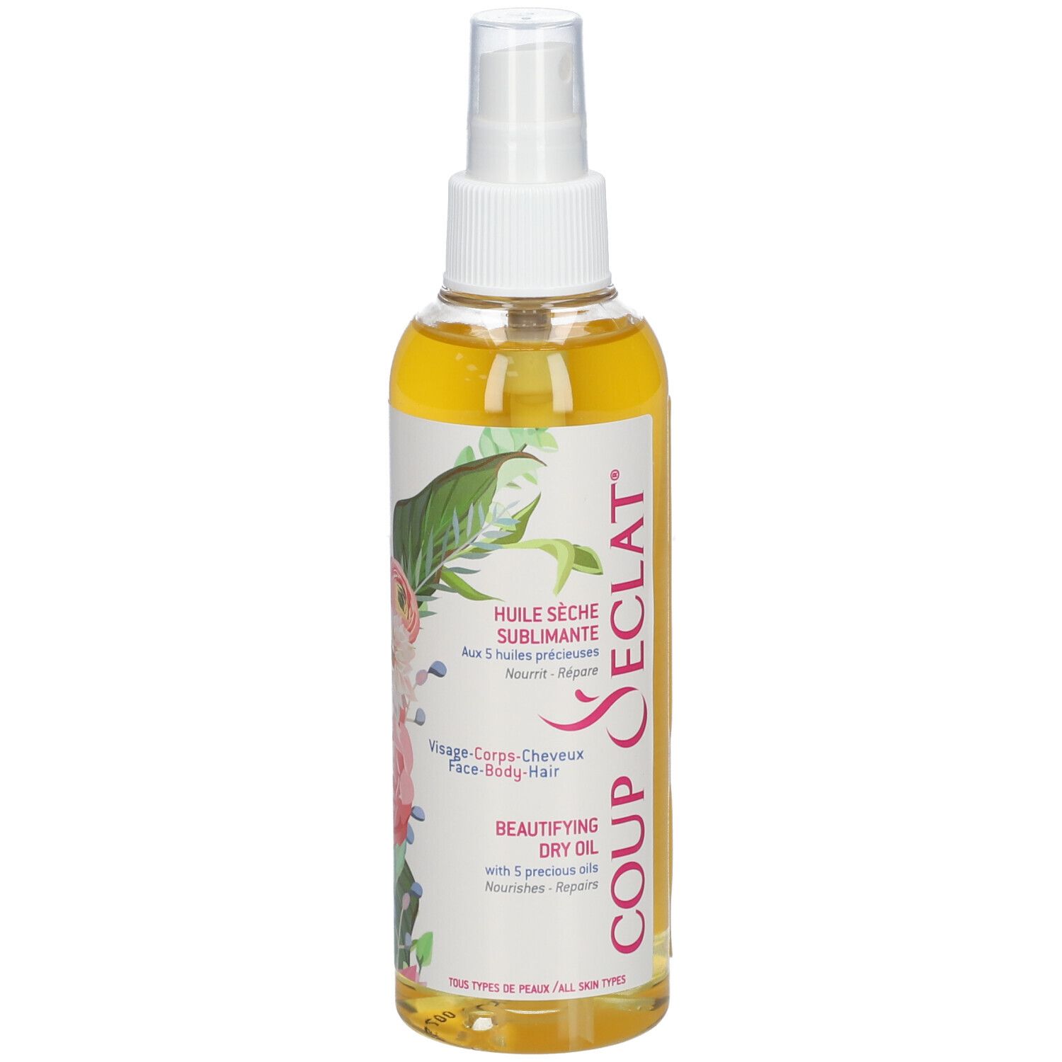 Huile sèche sublimante en flacon spray. Inscription: Coup d'Eclat, Face-Body-Hair. Motif floral.