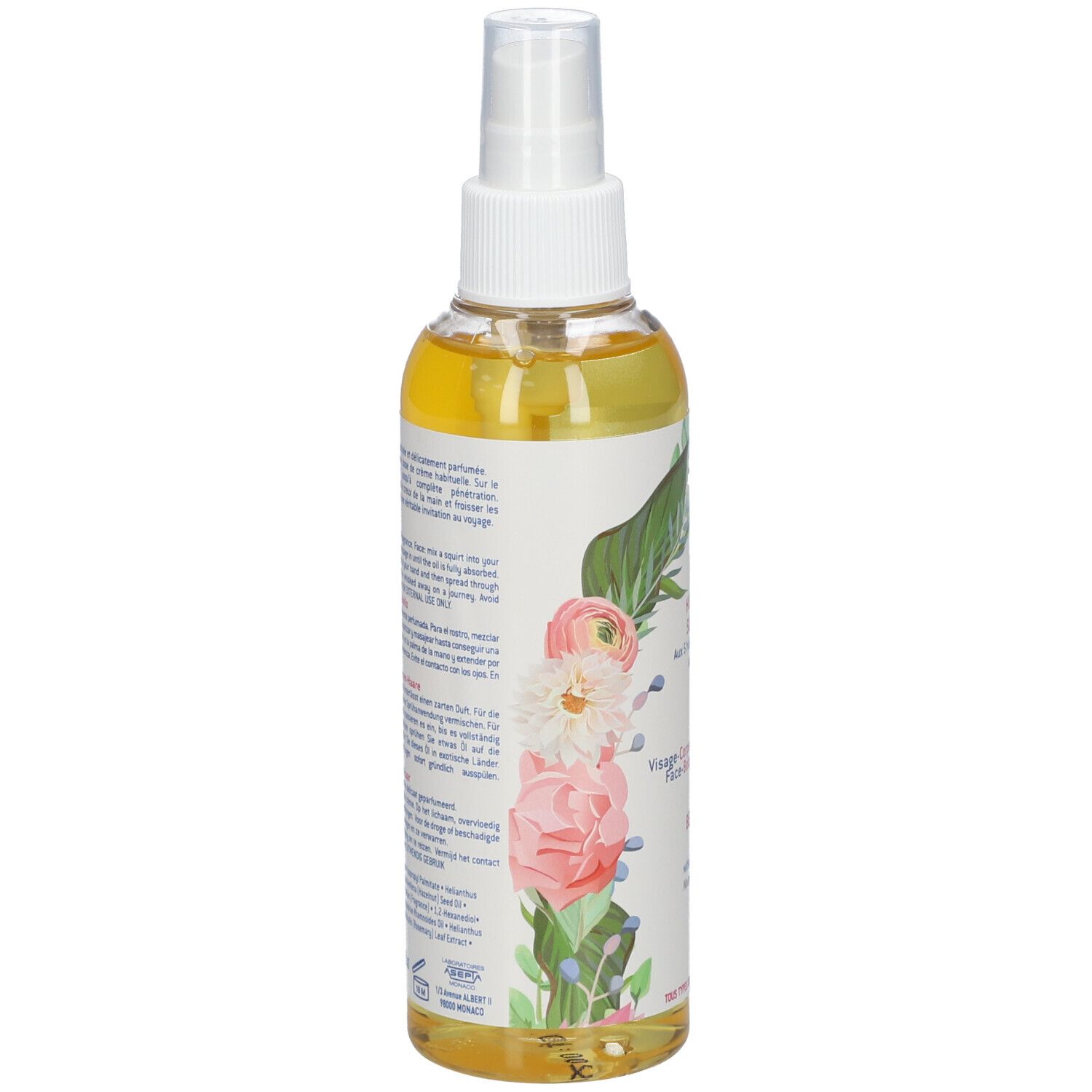 Dos d'un flacon spray d'huile. Texte: Coup d'Eclat, informations sur le produit, fond floral.
