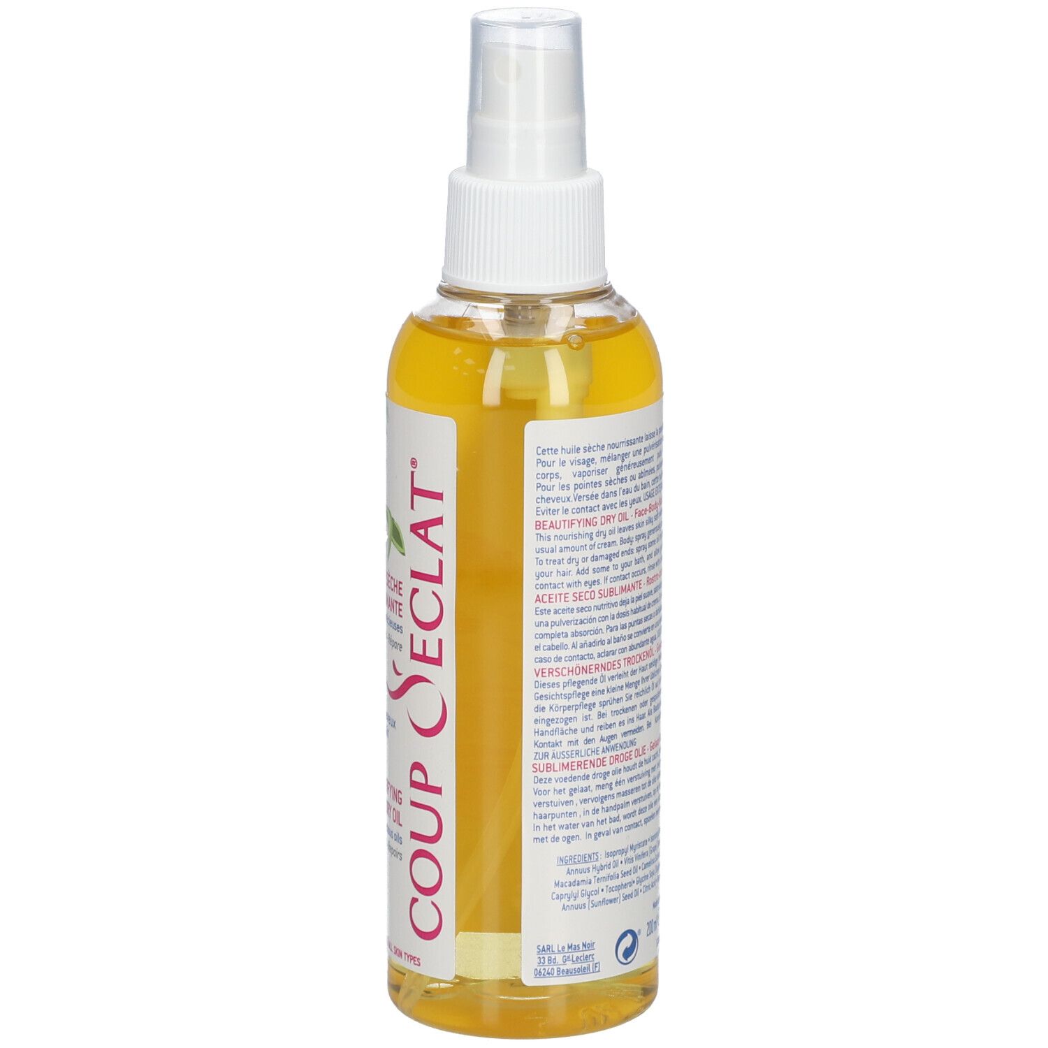 Dos d'un flacon spray d'huile. Texte: Coup d'Eclat, informations sur le produit, fond floral.
