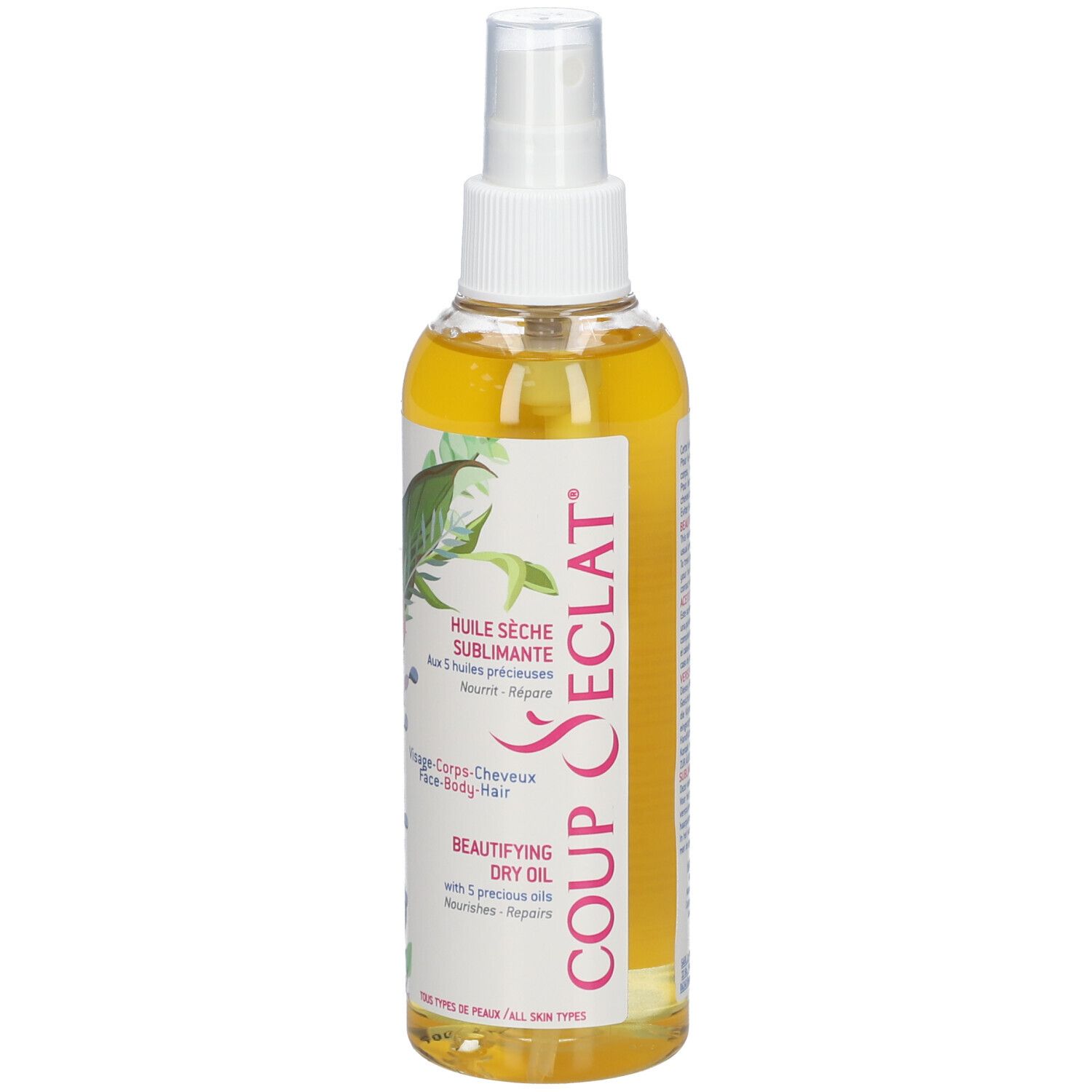 Huile sèche sublimante en flacon spray. Inscription: Coup d'Eclat, Face-Body-Hair. Motif floral.