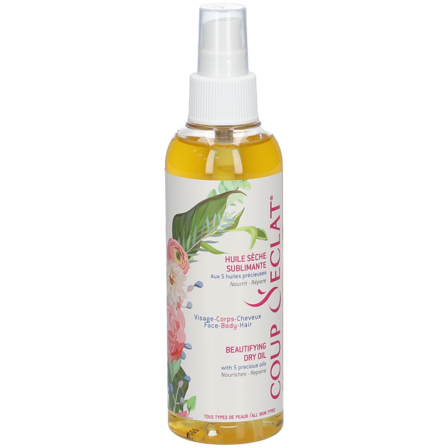 Huile sèche sublimante en flacon spray. Inscription: Coup d'Eclat, Face-Body-Hair. Motif floral.