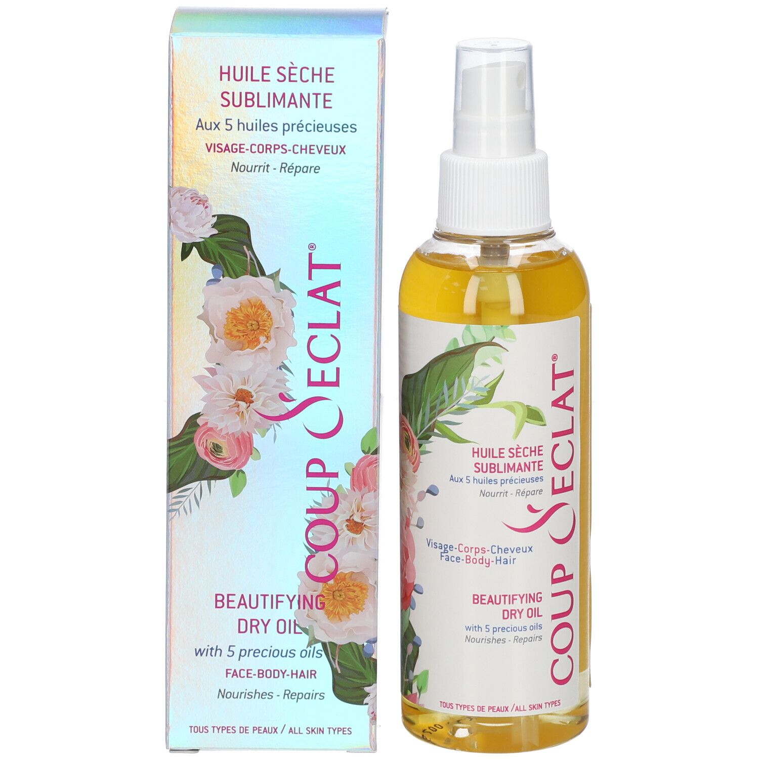 Produit et emballage. Flacon d'huile et boîte. Inscription: Coup d'Eclat, Huile Sèche Sublimante, Face-Body-Hair.