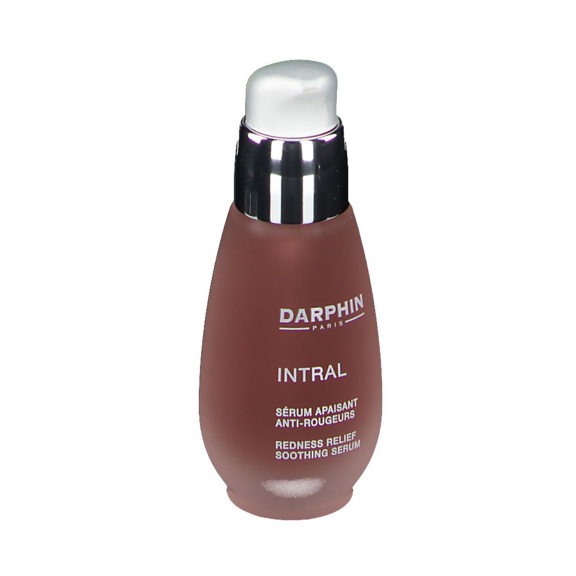 Sérum anti-rougeurs. Flacon pompe. Marque DARPHIN, nom INTRAL. Texte: Sérum apaisant anti-rougeurs, Redness Relief Soothing Serum.