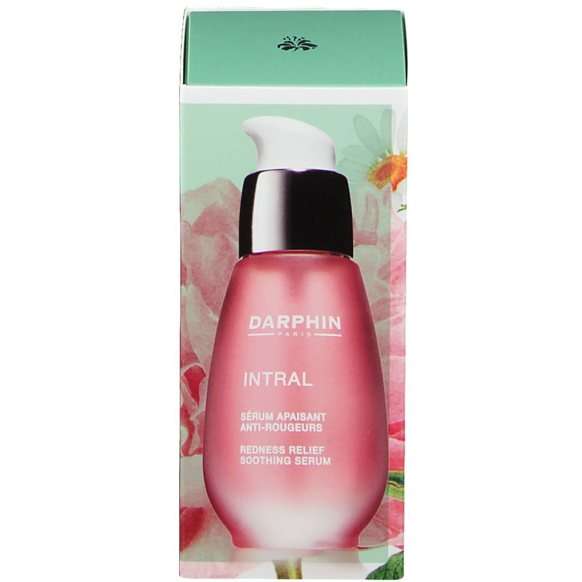 Sérum anti-rougeurs et emballage. Flacon pompe. Marque DARPHIN, nom INTRAL. Texte: Sérum apaisant anti-rougeurs, Redness Relief Soothing Serum.