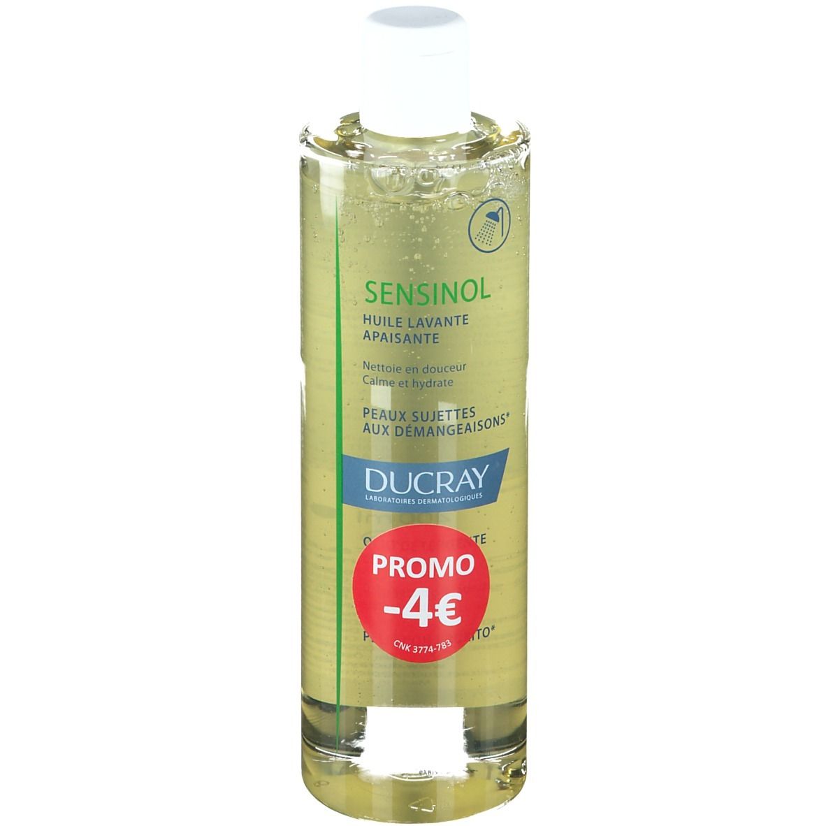 Flacon cylindrique contenant un liquide jaunâtre. Inscriptions SENSINOL, HUILE LAVANTE APAISANTE, DUCRAY. Autocollant rond avec -4€.
