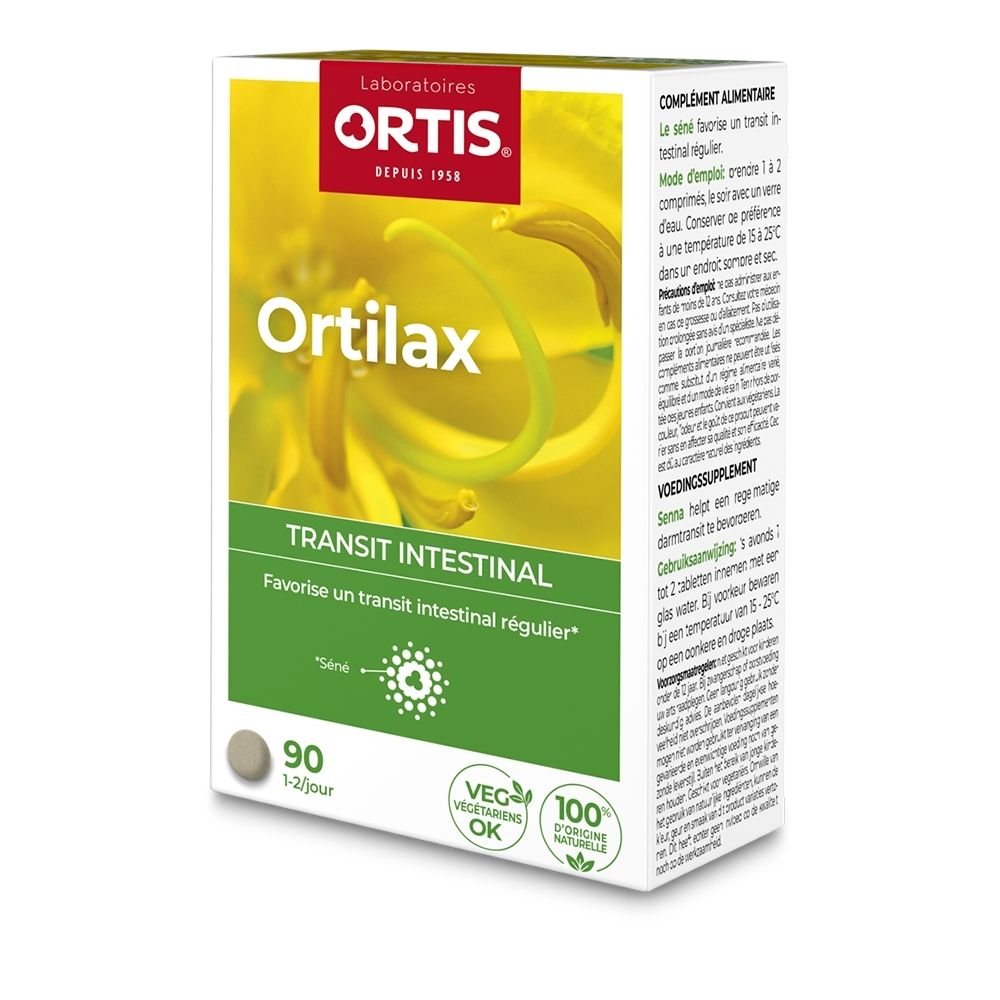 Emballage Ortilax Transit Intestinal, 90 comprimés, design floral.