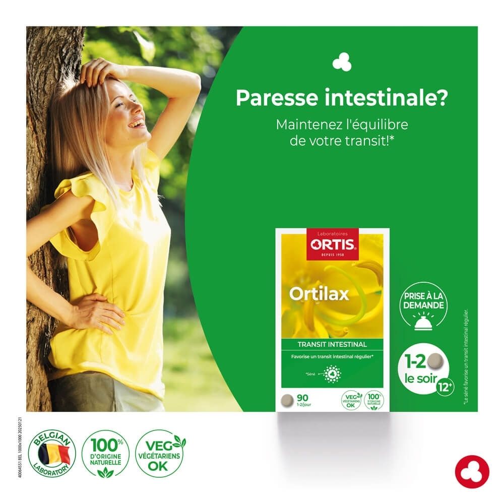 Emballage Ortilax Transit Intestinal, 90 comprimés, fond floral, instructions.