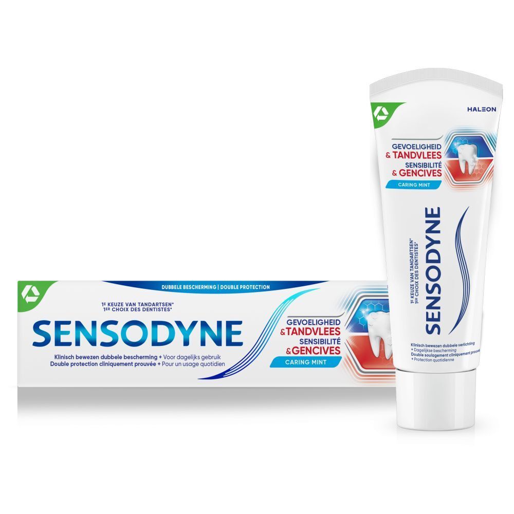 Tube et emballage de dentifrice. Blanc, bleu et rouge. Texte: SENSODYNE, Gevoeligheid & Tandvlees, Sensibilité & Gencives, Caring Mint.