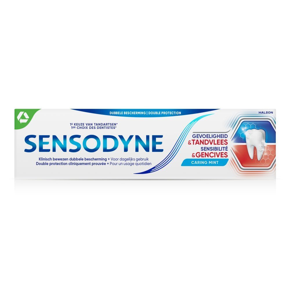 Tube de dentifrice blanc, bleu et rouge. Texte: SENSODYNE, Gevoeligheid & Tandvlees, Sensibilité & Gencives, Caring Mint.