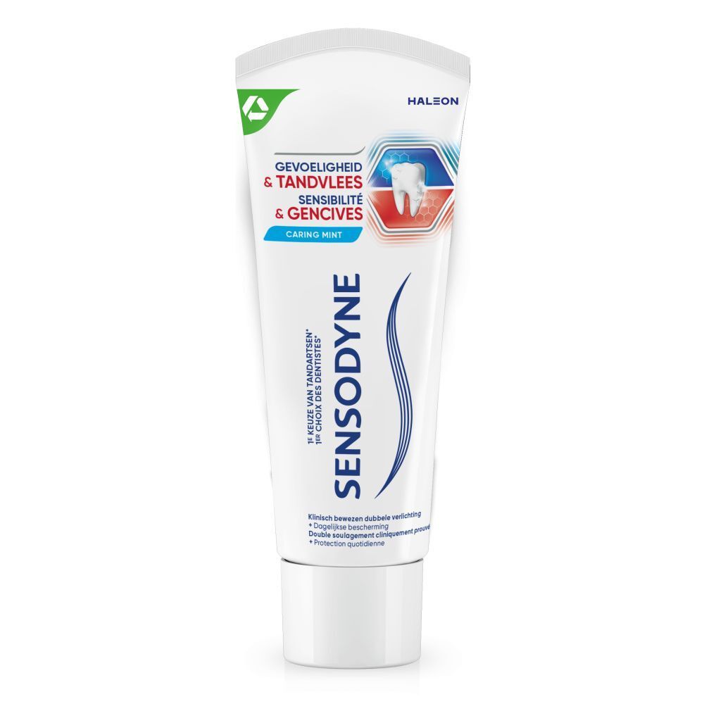 Tube de dentifrice blanc, bleu et rouge. Texte: SENSODYNE, Gevoeligheid & Tandvlees, Sensibilité & Gencives, Caring Mint.