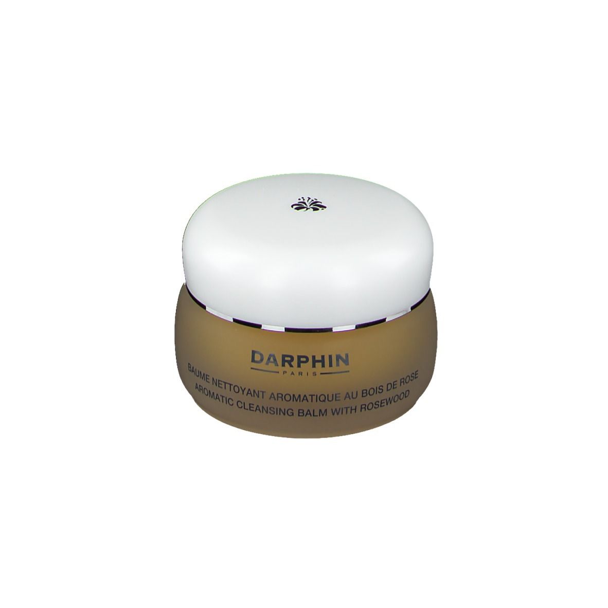 Pot rond avec couvercle blanc. Inscription: DARPHIN PARIS, BAUME NETTOYANT AROMATIQUE AU BOIS DE ROSE, AROMATIC CLEANSING BALM WITH ROSEWOOD.