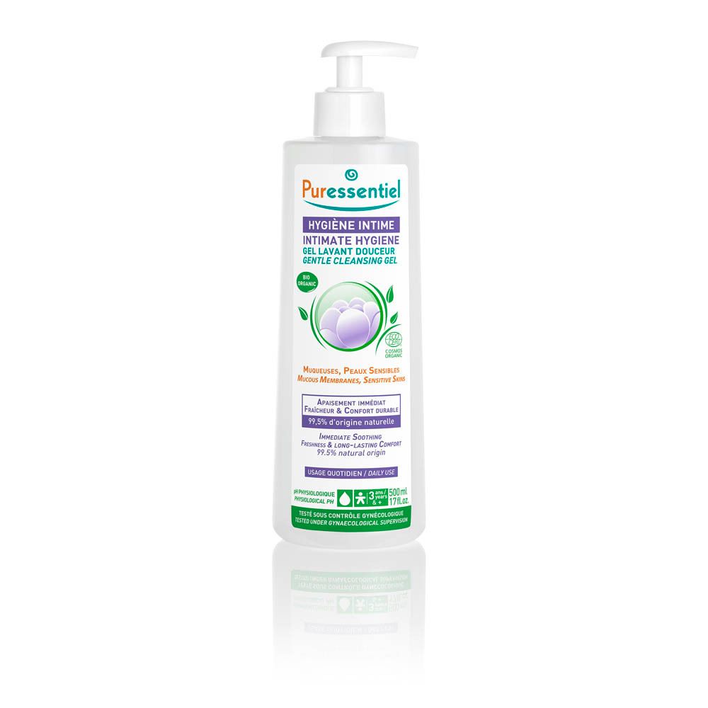 Flacon transparent avec pompe. Inscription: Puressentiel, Hygiène intime, Gel lavant douceur. 500 ml.