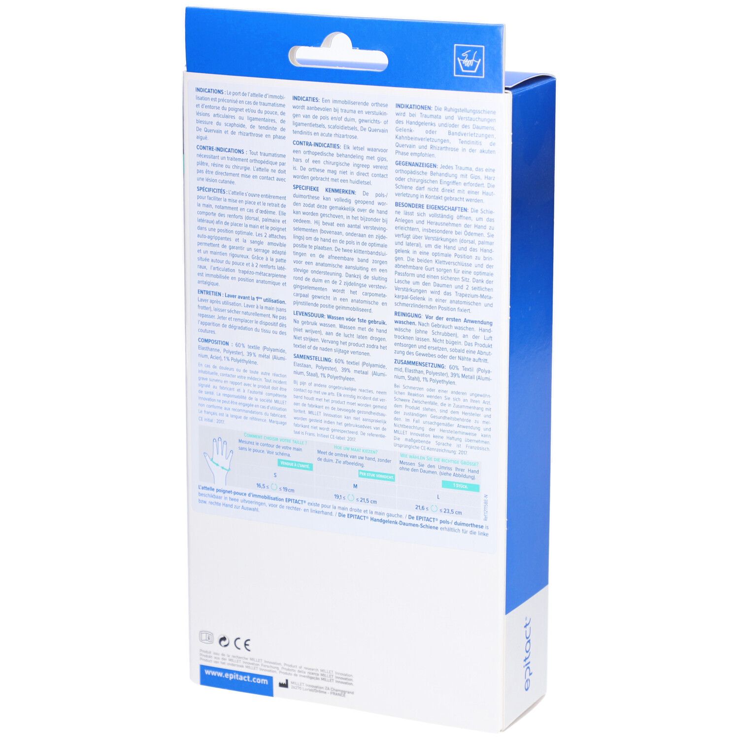 Dos de l'emballage de l'attelle poignet-pouce. Texte multilingue. Marque Epitact. Couleurs : blanc et bleu.