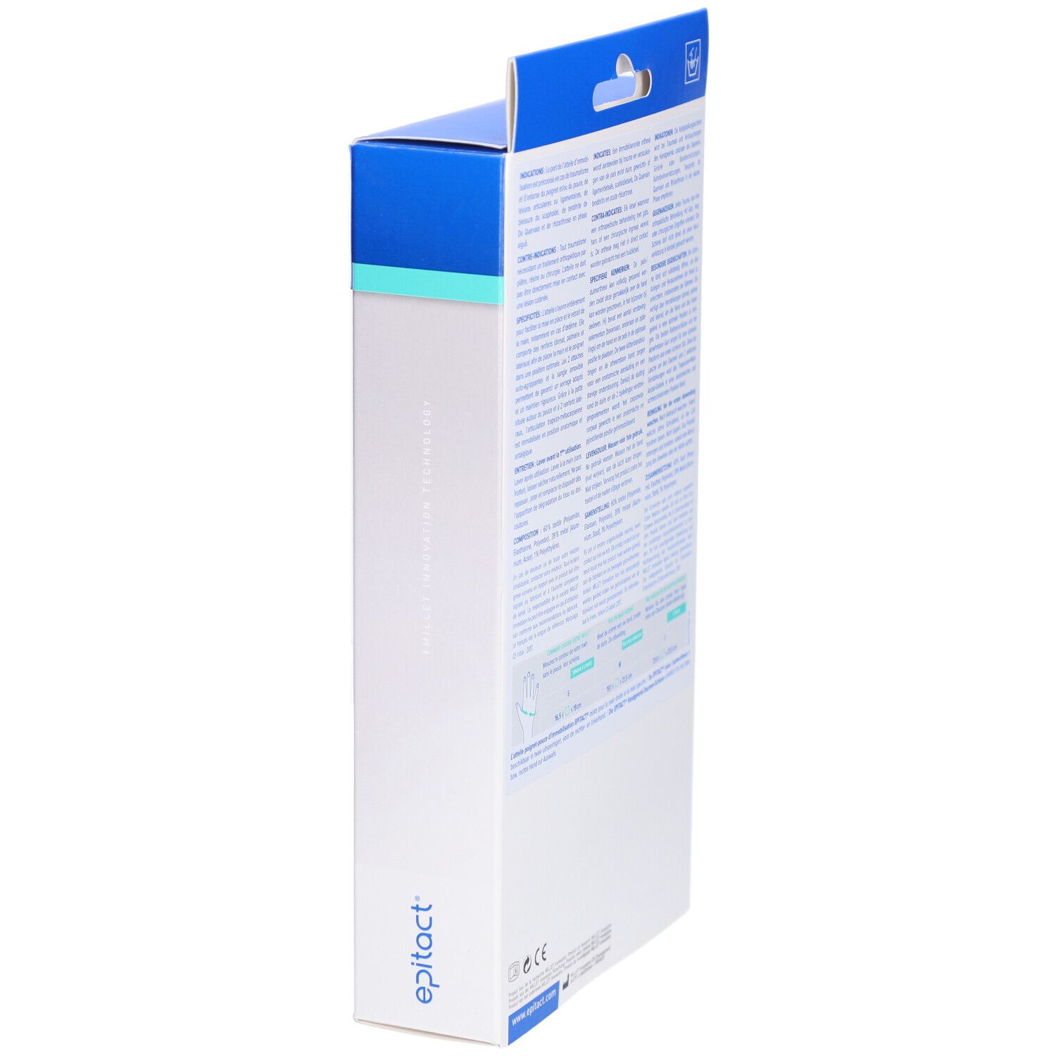 Vue latérale de l'emballage de l'attelle poignet-pouce. Marque Epitact. Couleurs : blanc et bleu. Texte.