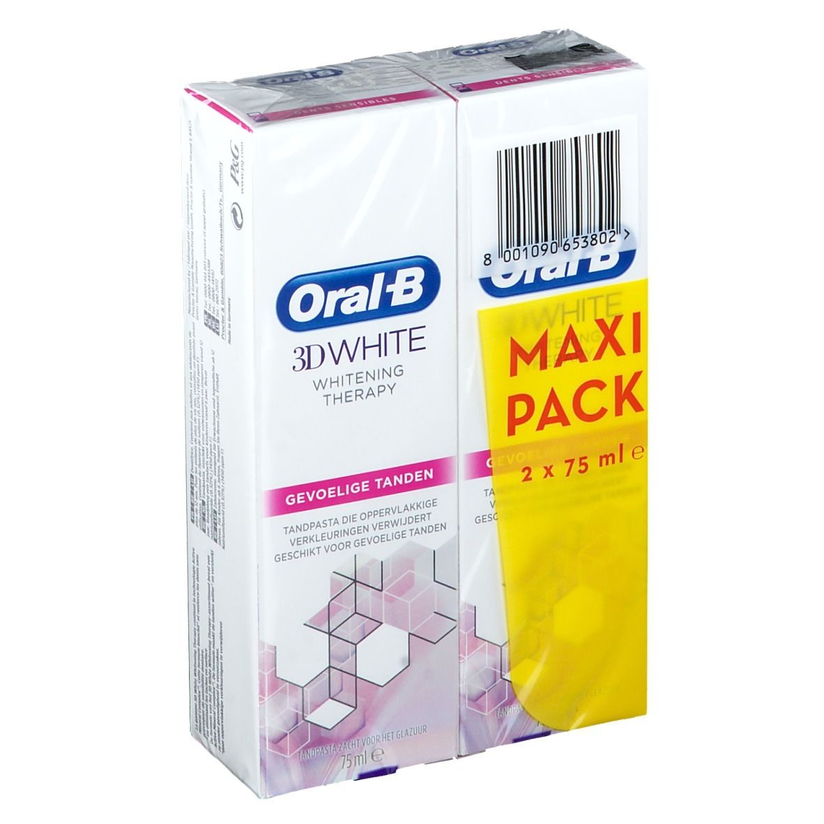 Paquet de dentifrice Oral-B 3D White Whitening Therapy. Maxi Pack de deux tubes. Inscription : Dents sensibles.