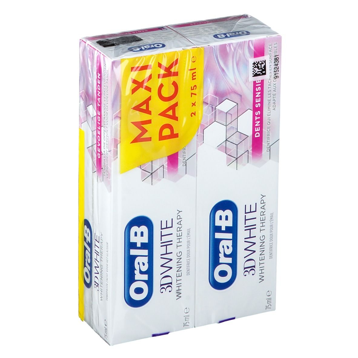 Paquet de dentifrice Oral-B 3D White Whitening Therapy. Maxi Pack de deux tubes. Inscription : Dents sensibles.
