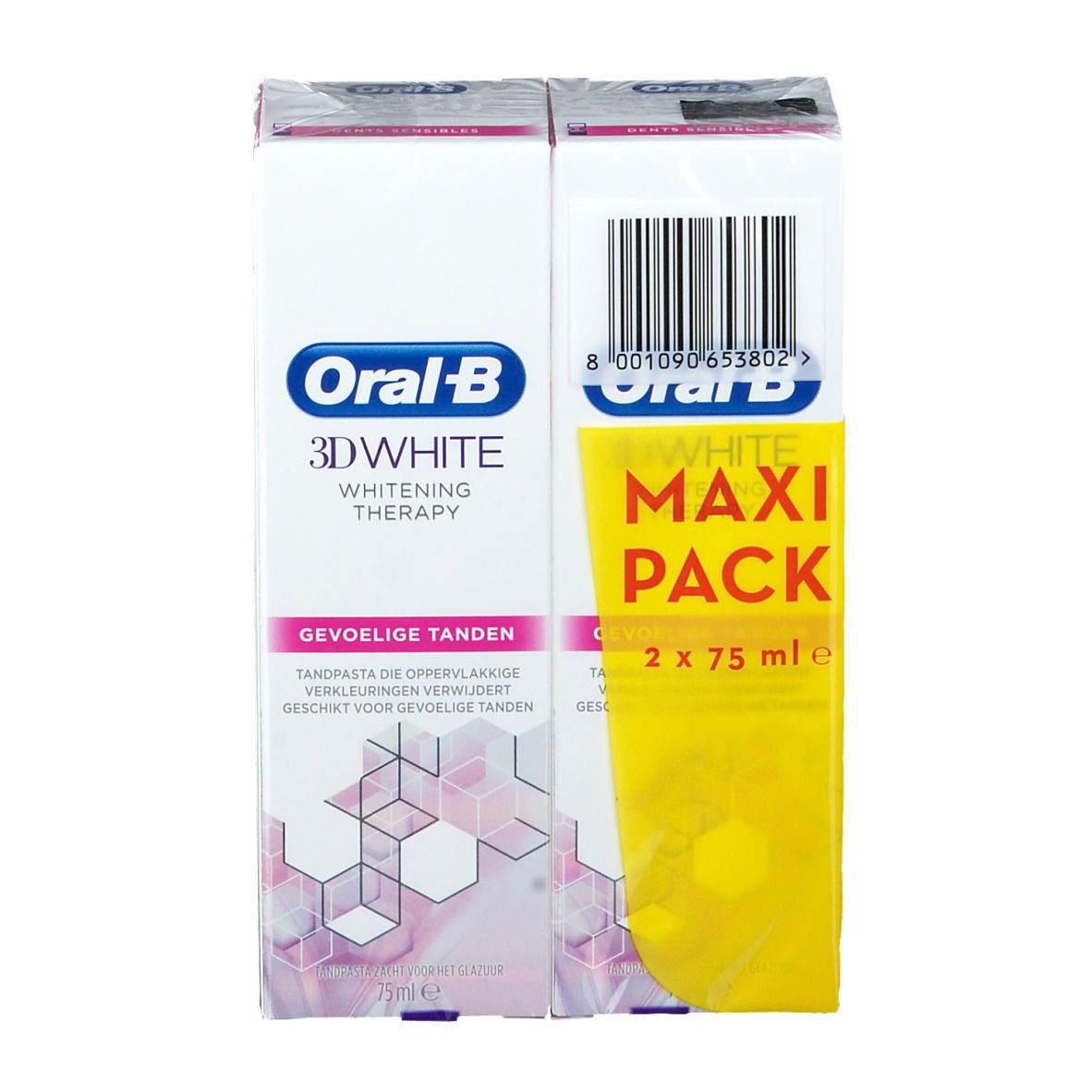Paquet de dentifrice Oral-B 3D White Whitening Therapy. Maxi Pack de deux tubes. Inscription : Dents sensibles.
