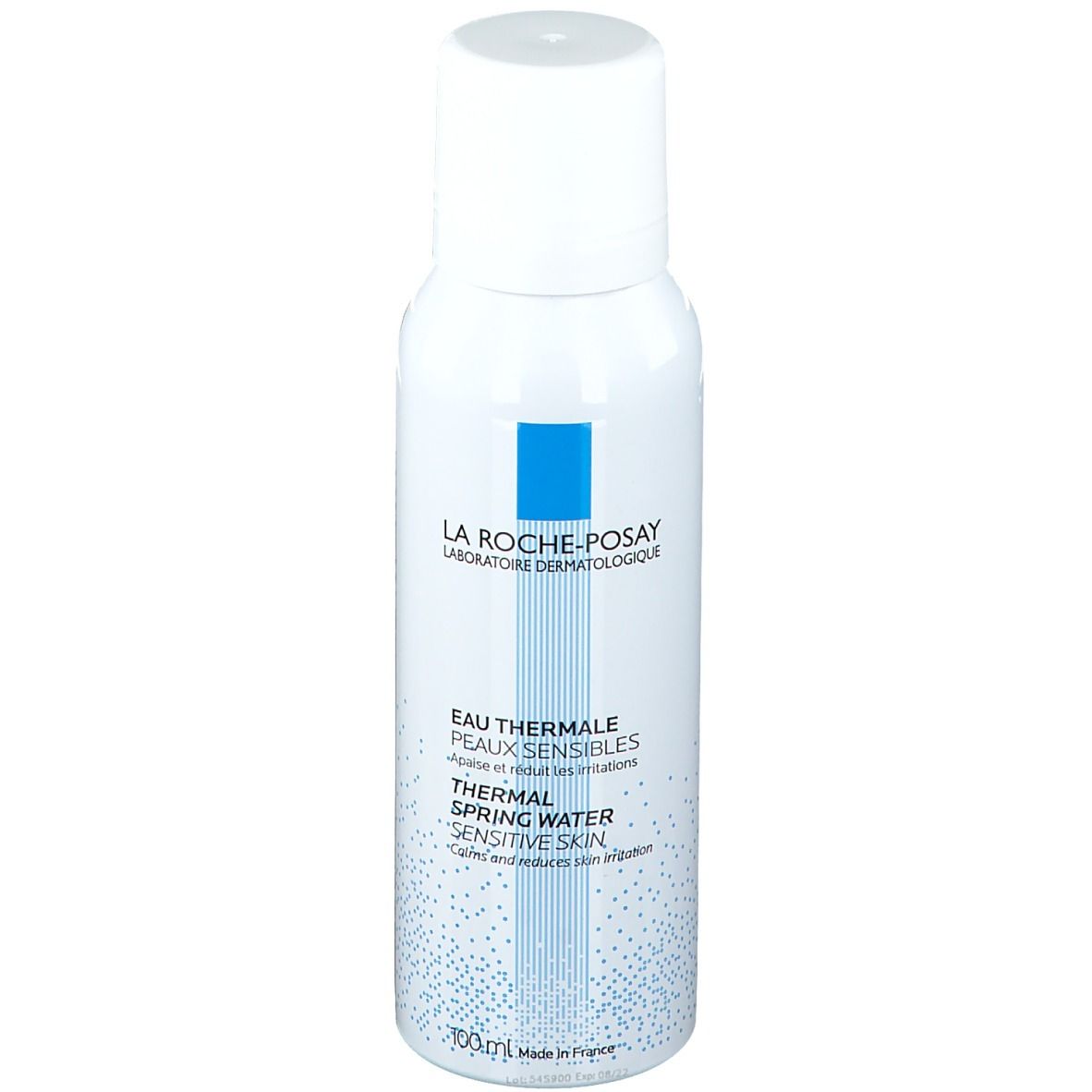 Flacon spray blanc. Inscriptions bleues: LA ROCHE-POSAY, Eau Thermale, Peaux Sensibles, Thermal Spring Water, Sensitive Skin. Fabriqué en France.