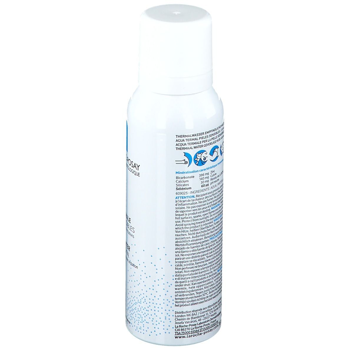 Dos du flacon spray blanc. Texte et symboles. Ingrédients et informations. Points bleus. Code-barres et Fabriqué en France.