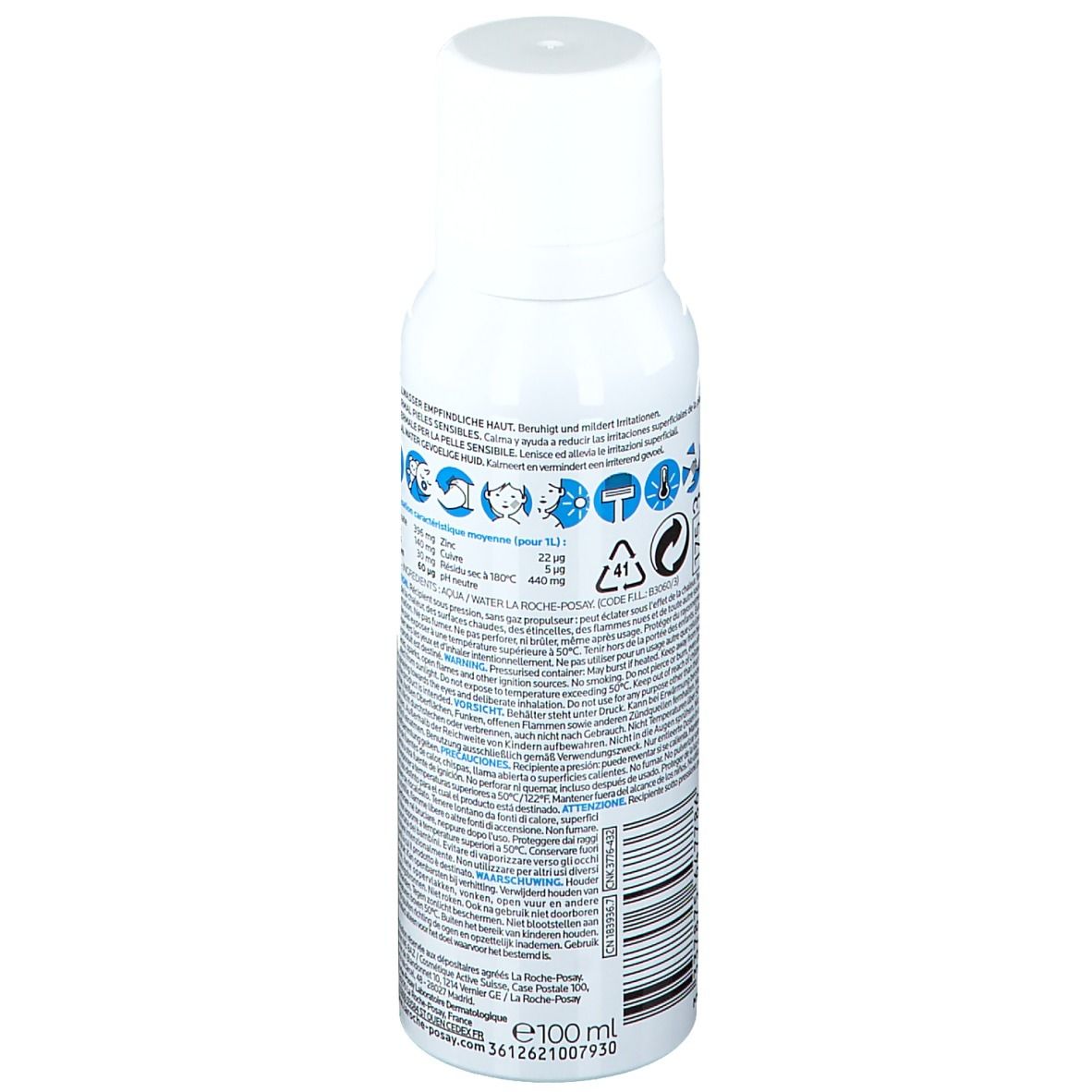 Dos du flacon spray blanc. Texte et symboles. Ingrédients et informations. Code-barres et Fabriqué en France.