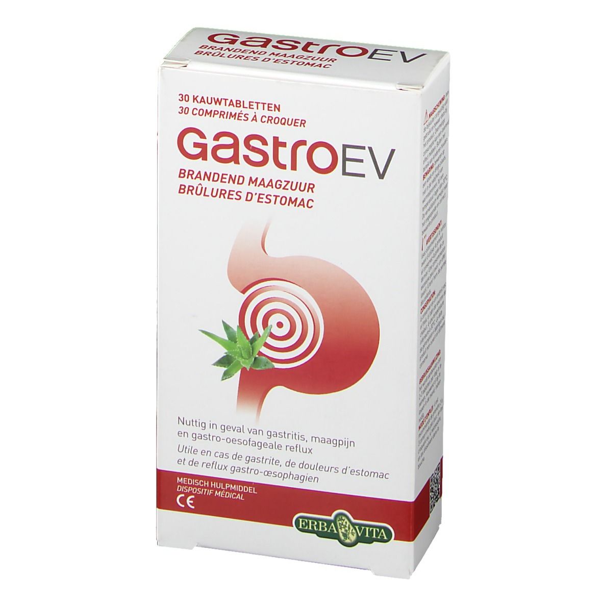 Boîte de Gastro EV. Inscription: 30 comprimés à croquer, marque, illustration estomac, texte en allemand, français, néerlandais.