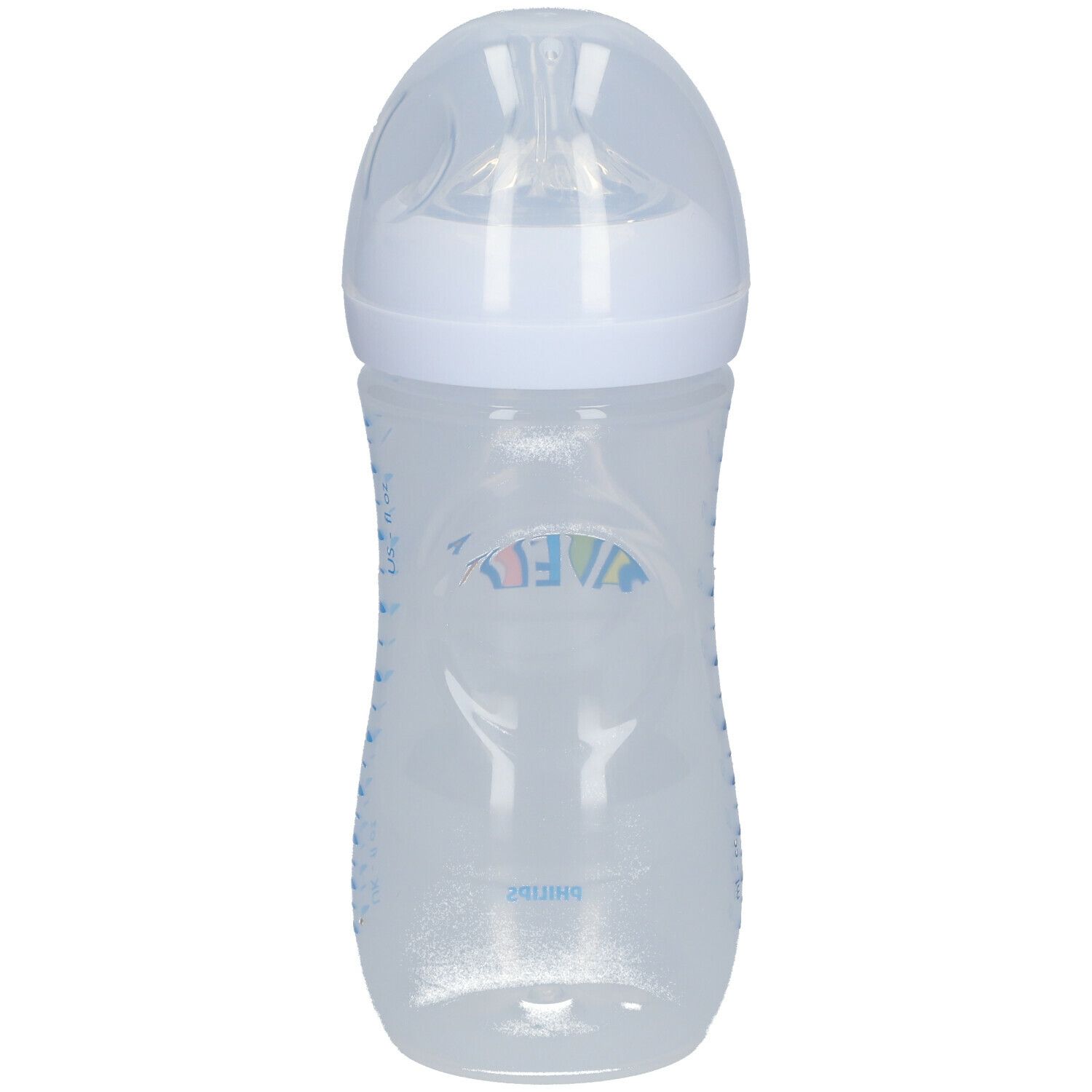 Biberon transparent avec échelle de mesure bleue. Tétine et capuchon blancs. Logo Avent imprimé.