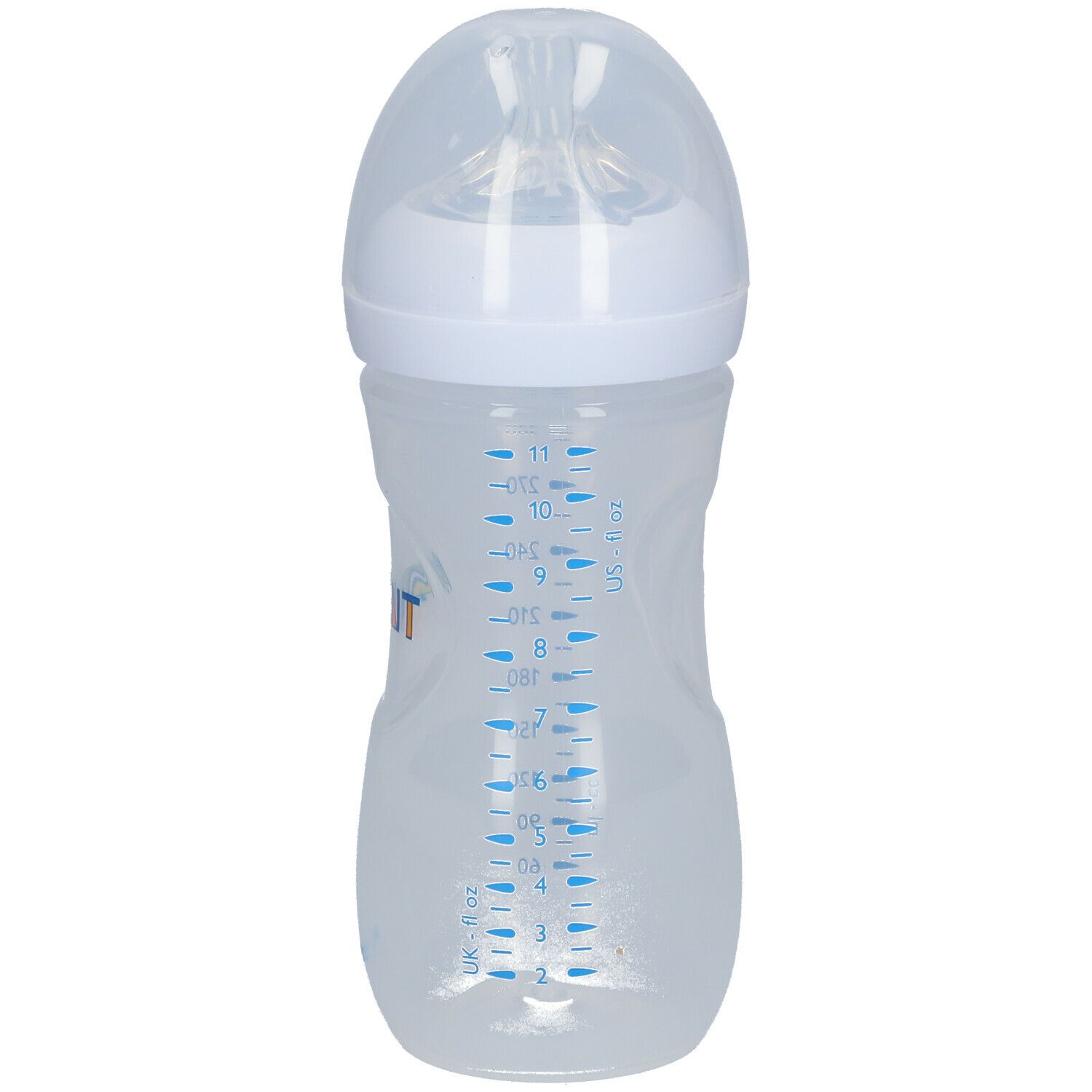 Biberon transparent avec échelle de mesure bleue. Tétine et capuchon blancs. Indications de ml imprimées.