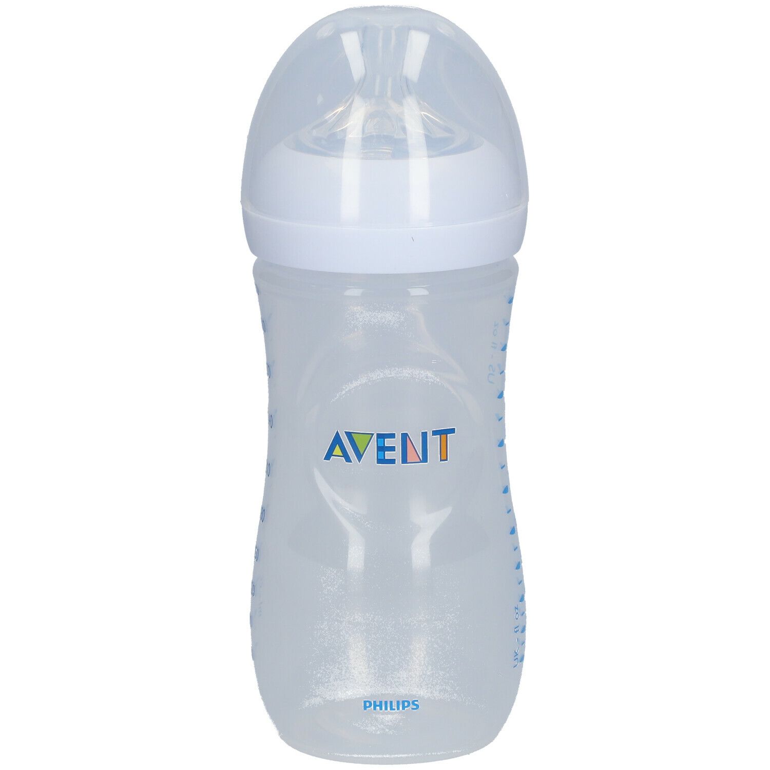 Biberon transparent avec échelle de mesure bleue. Tétine et capuchon blancs. Logo Avent imprimé.