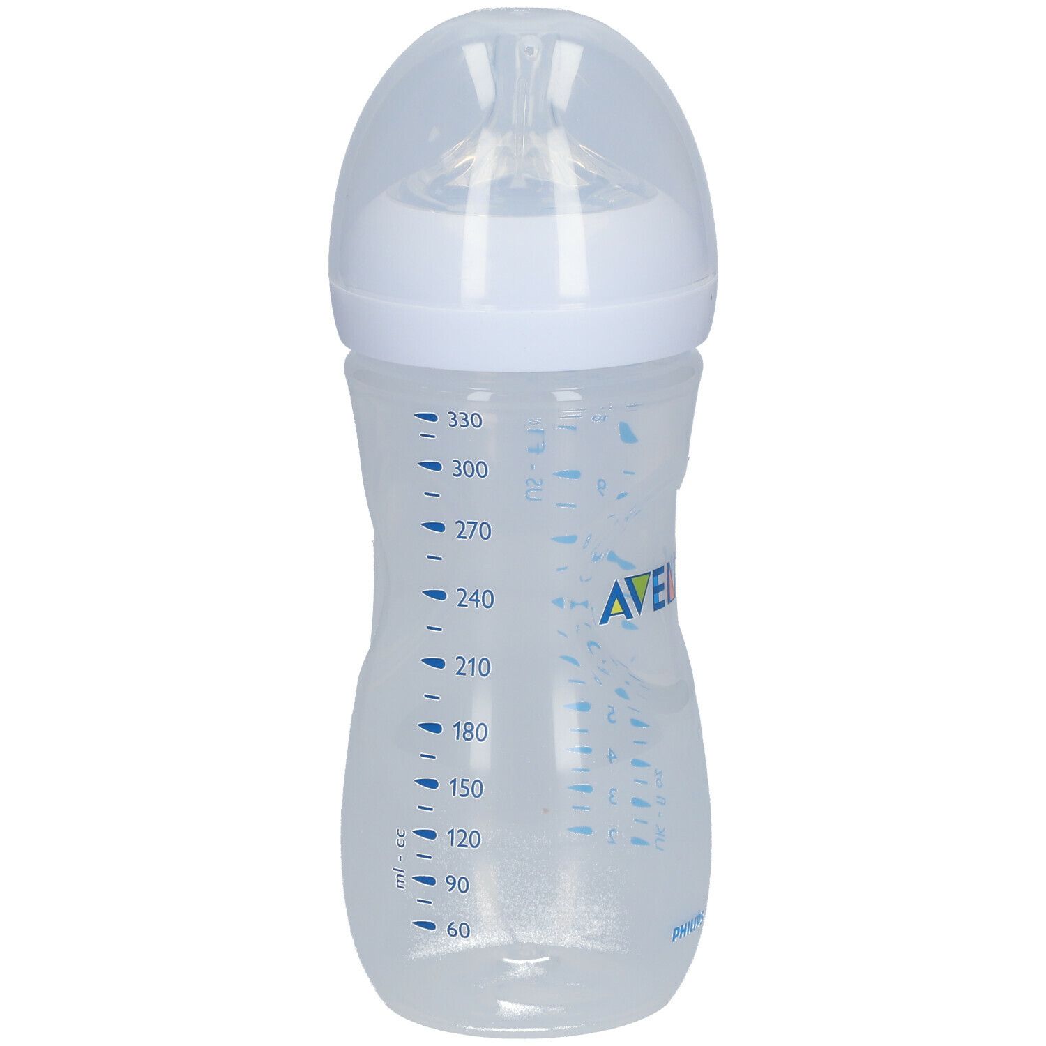 Biberon transparent avec échelle de mesure bleue. Tétine et capuchon blancs. Indications de ml imprimées.