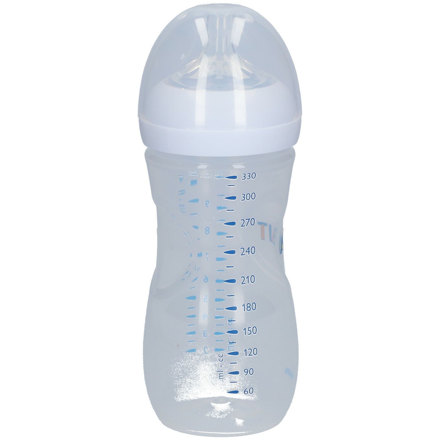 Biberon transparent avec échelle de mesure bleue. Tétine et capuchon blancs. Indications de ml imprimées.