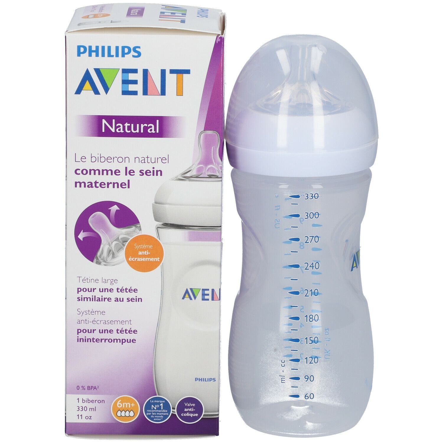 Biberon et emballage. Biberon avec échelle de mesure. Emballage avec nom du produit, logo et illustrations.