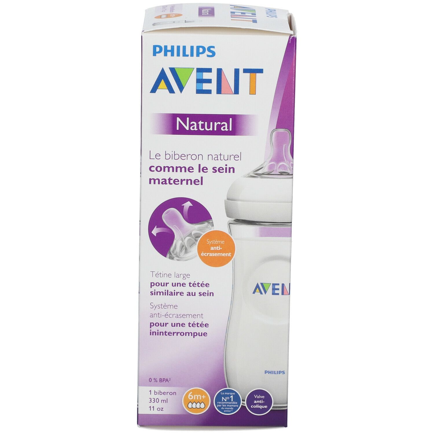 Biberon et emballage. Biberon avec échelle de mesure. Emballage avec nom du produit, logo et illustrations.