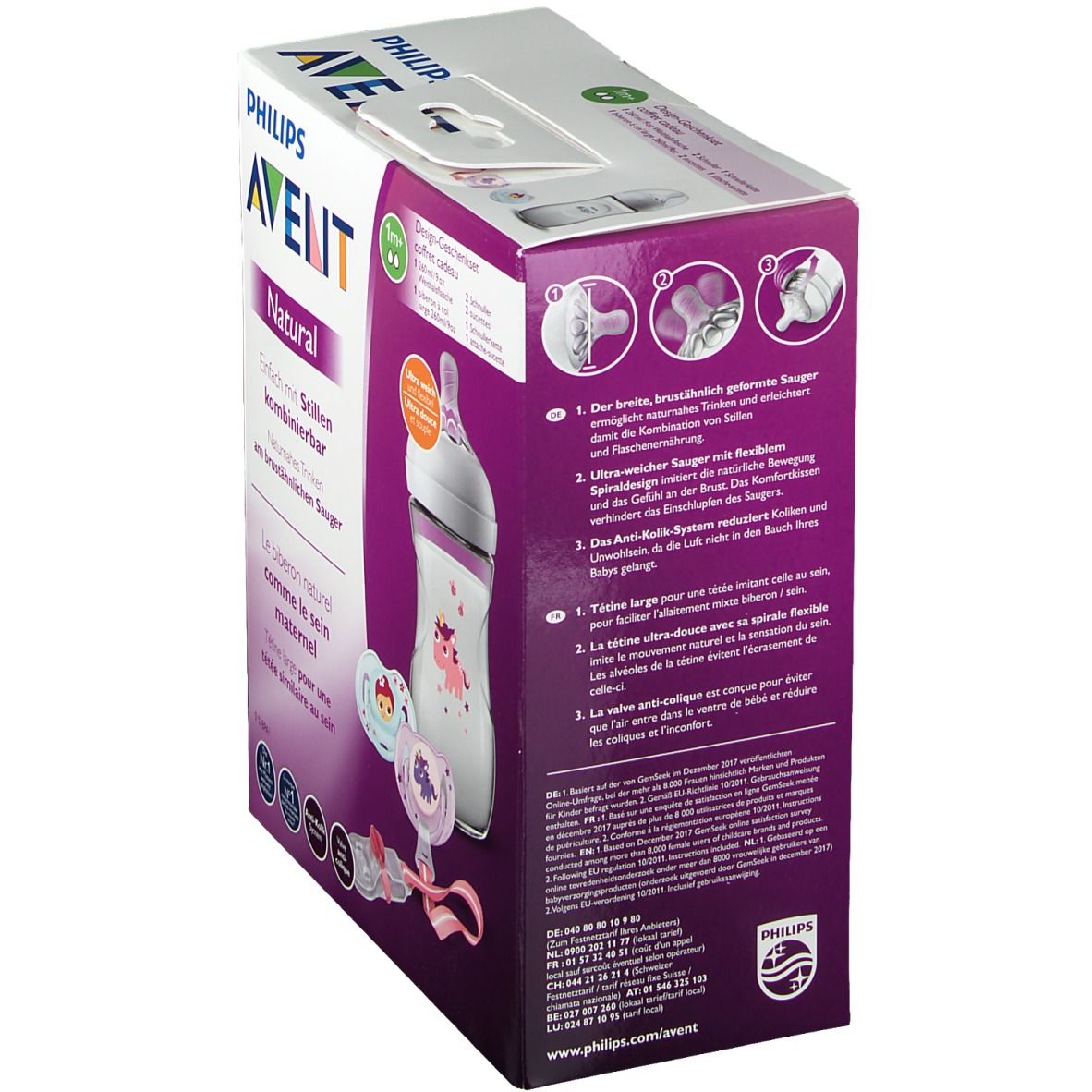 Kit Avent Natural. Boîte avec biberon, sucettes et accessoires. Logo Philips Avent. Nom et caractéristiques du produit imprimés.