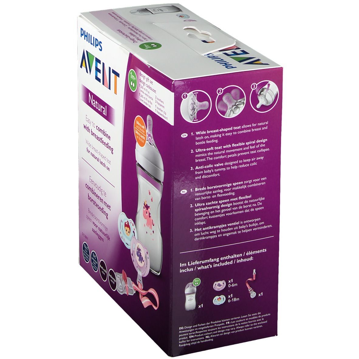 Kit Avent Natural. Boîte avec biberon, sucettes et accessoires. Logo Philips Avent. Nom et caractéristiques du produit imprimés.