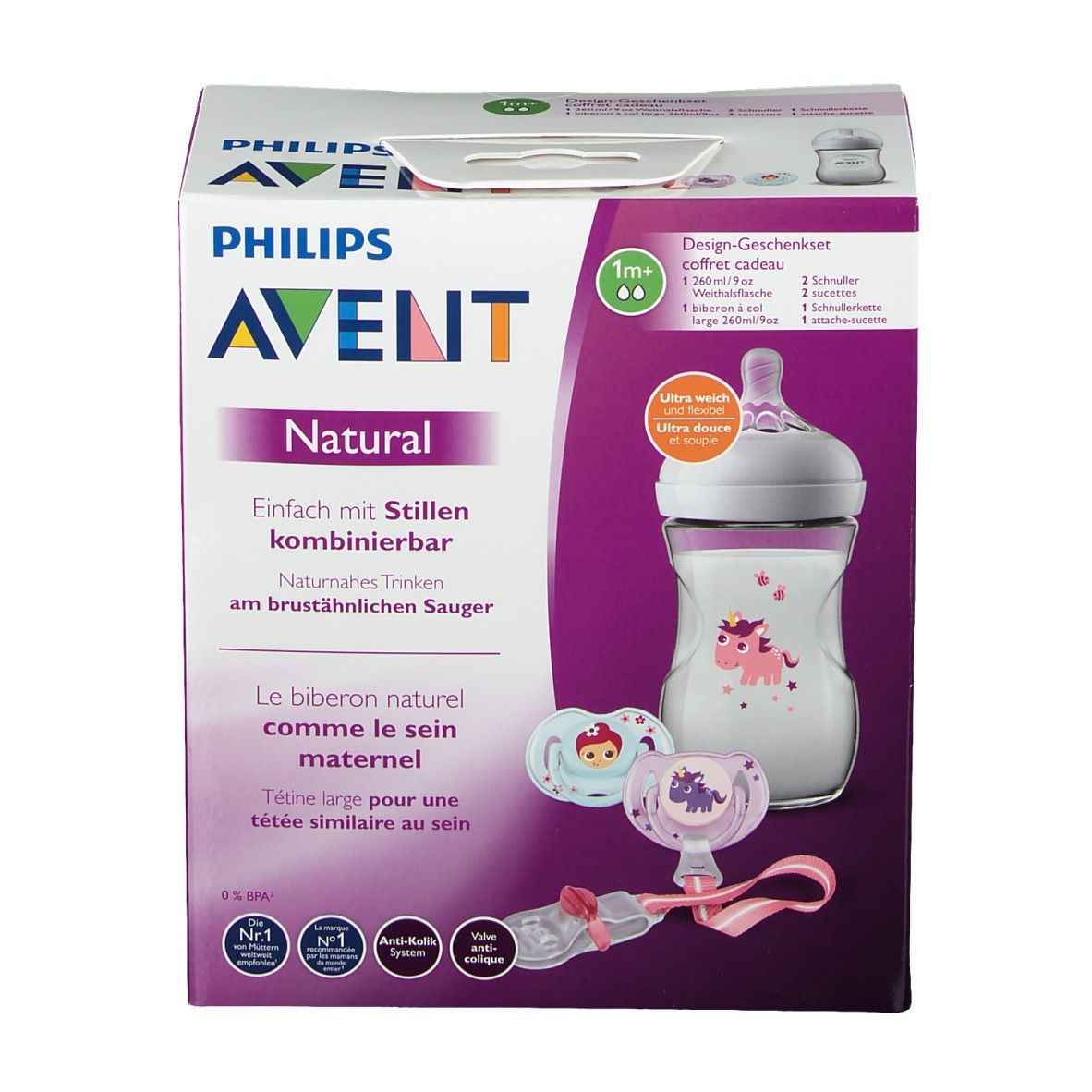 Kit Avent Natural. Boîte avec biberon, sucettes et accessoires. Logo Philips Avent. Nom et caractéristiques du produit imprimés.