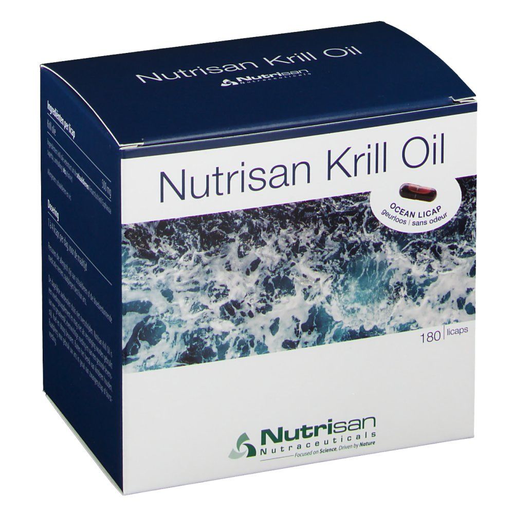 Boîte de Nutrisan Krill Oil. Emballage bleu et blanc avec nom du produit et image de gélule.