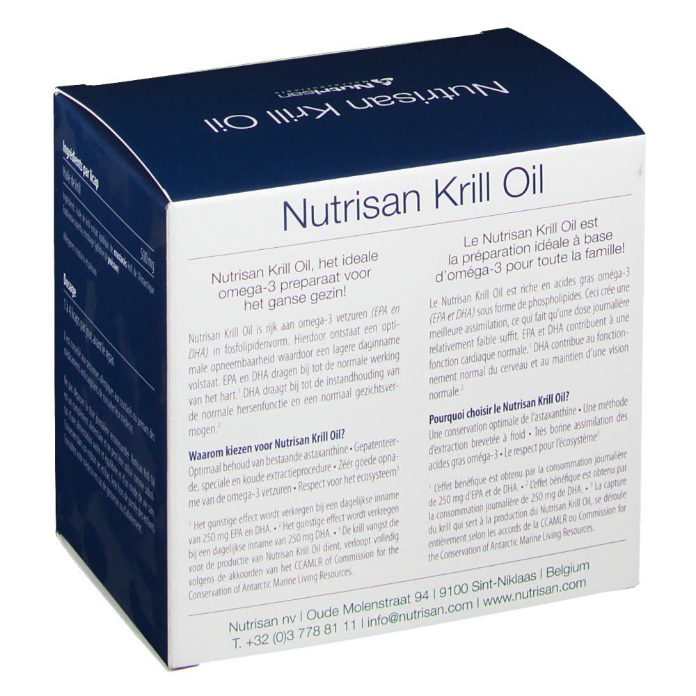 Emballage de Nutrisan Krill Oil. Texte multilingue, incluant des informations sur les oméga-3.