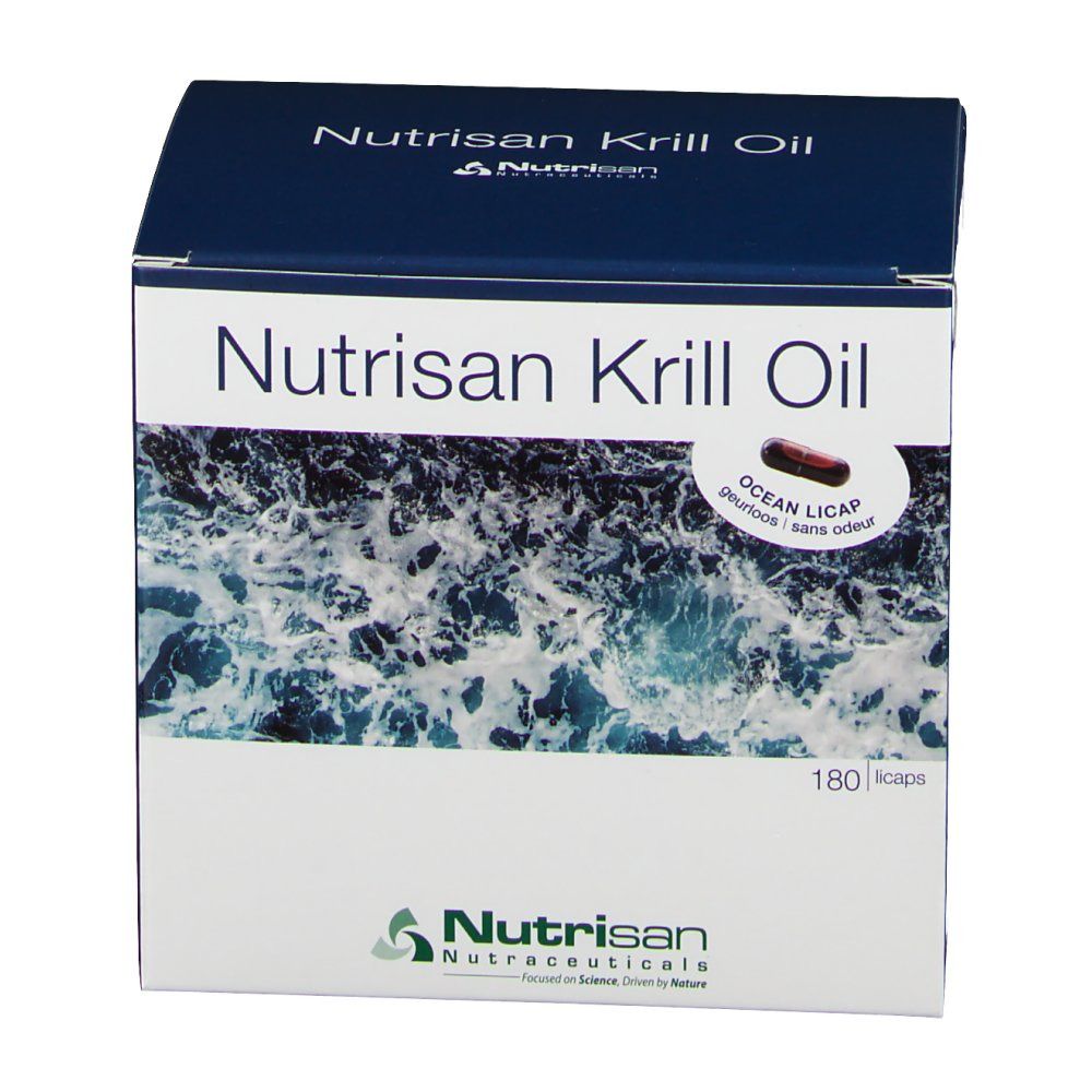 Boîte de Nutrisan Krill Oil. Emballage bleu et blanc avec nom du produit et image de gélule.