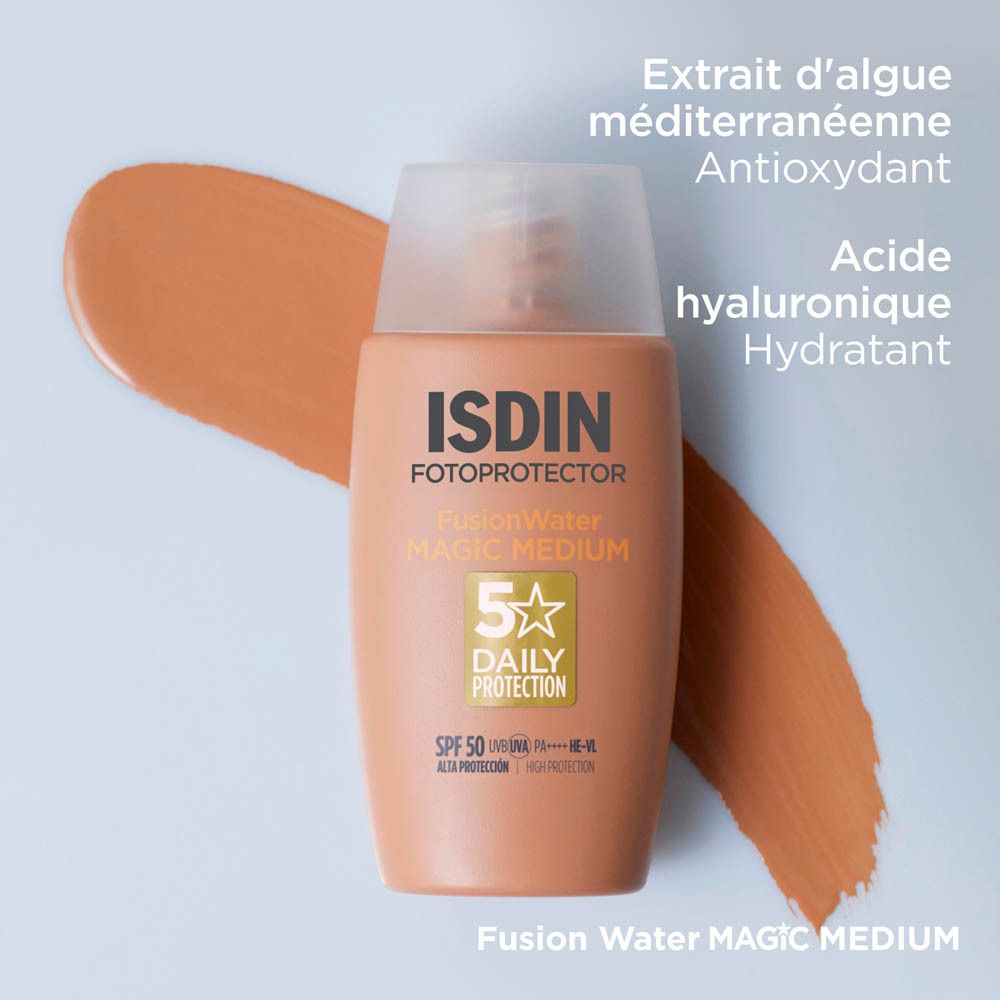 ISDIN Fotoprotector Fusion Water Color LSF 50 et emballage. Flacon beige et boîte.