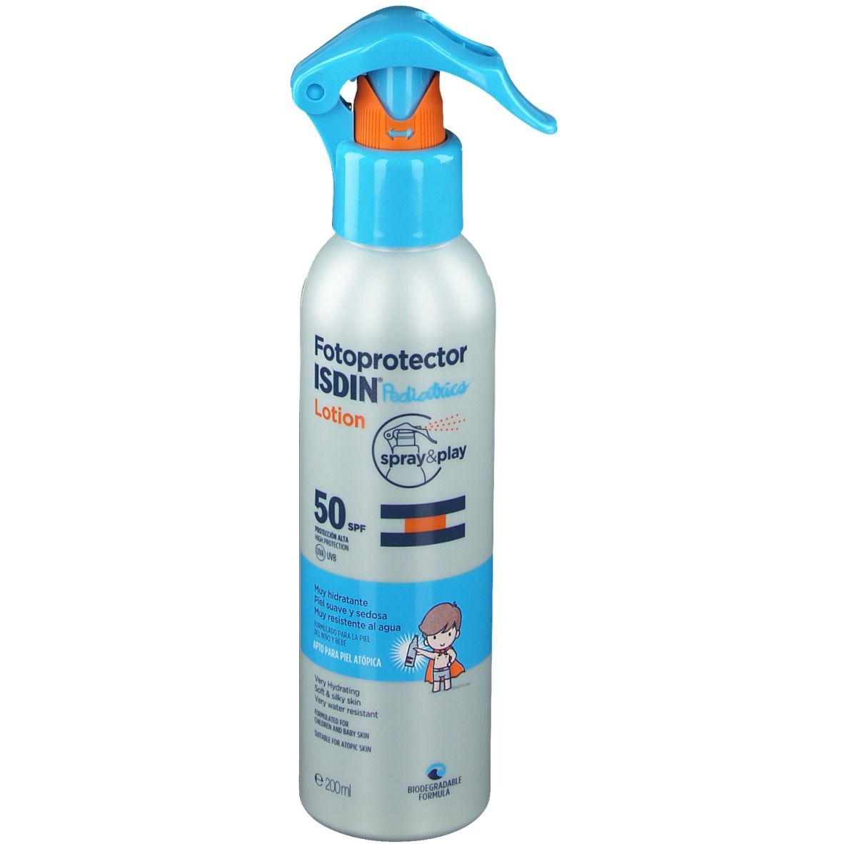 Lotion solaire avec vaporisateur. Détails bleus et orange. Inscription : Fotoprotector ISDIN Pédiatrie Lotion Spray SPF 50.