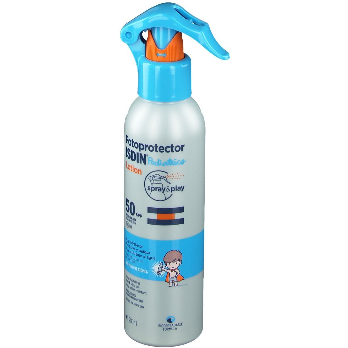 Lotion solaire avec vaporisateur. Détails bleus et orange. Inscription : Fotoprotector ISDIN Pédiatrie Lotion Spray SPF 50.