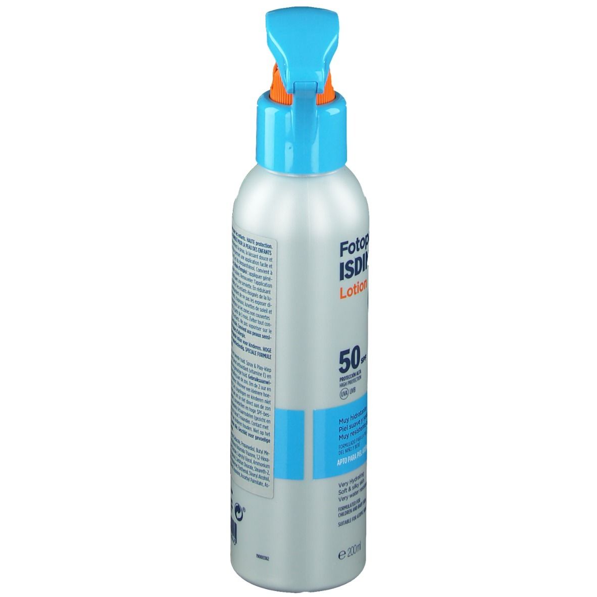 Flacon de lotion solaire. Détails bleus et orange. Texte sur le côté. Nom du produit non visible.