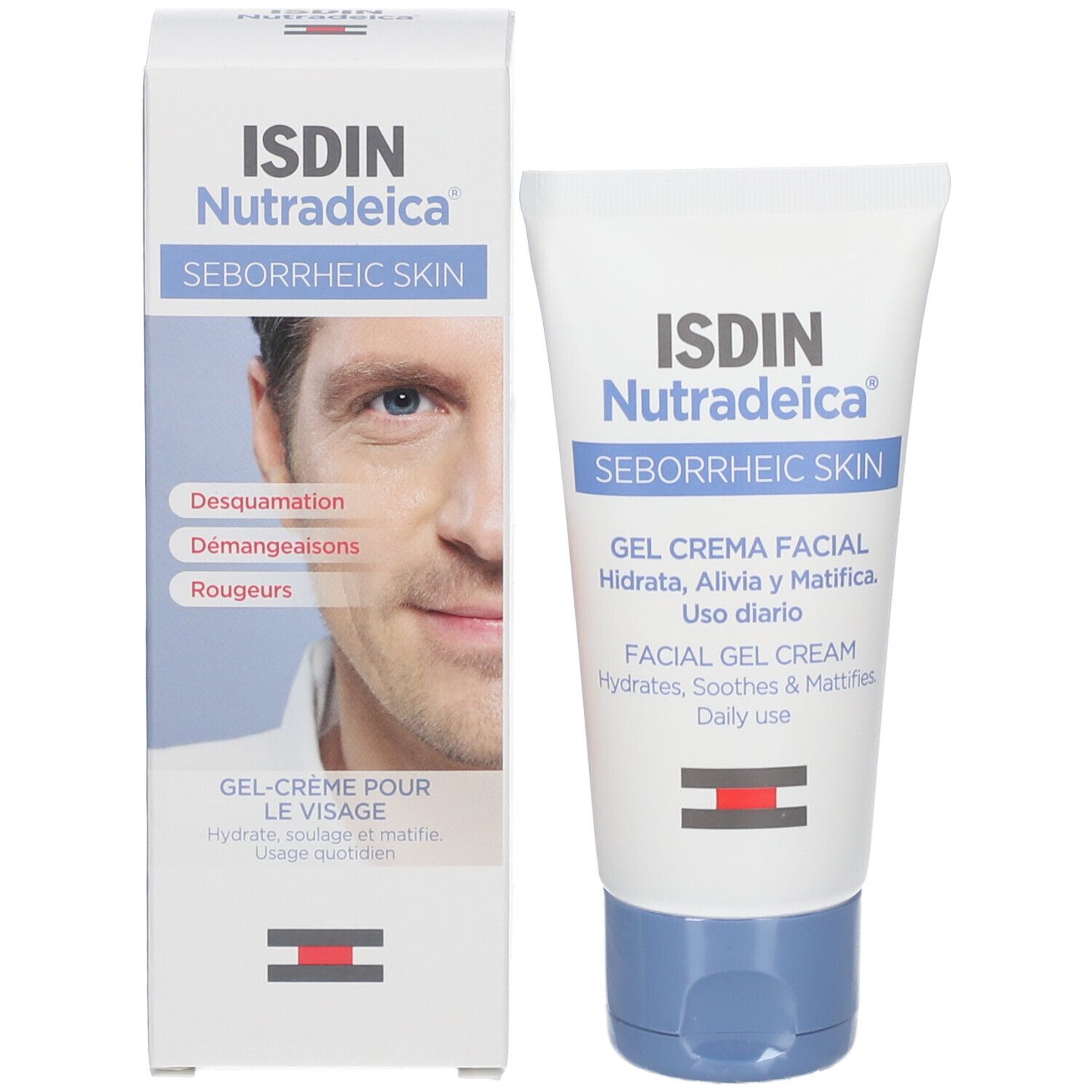 Emballage du produit et tube de crème. Emballage avec le visage d'un homme. Inscription: ISDIN Nutradeica, Peau séborrhéique.