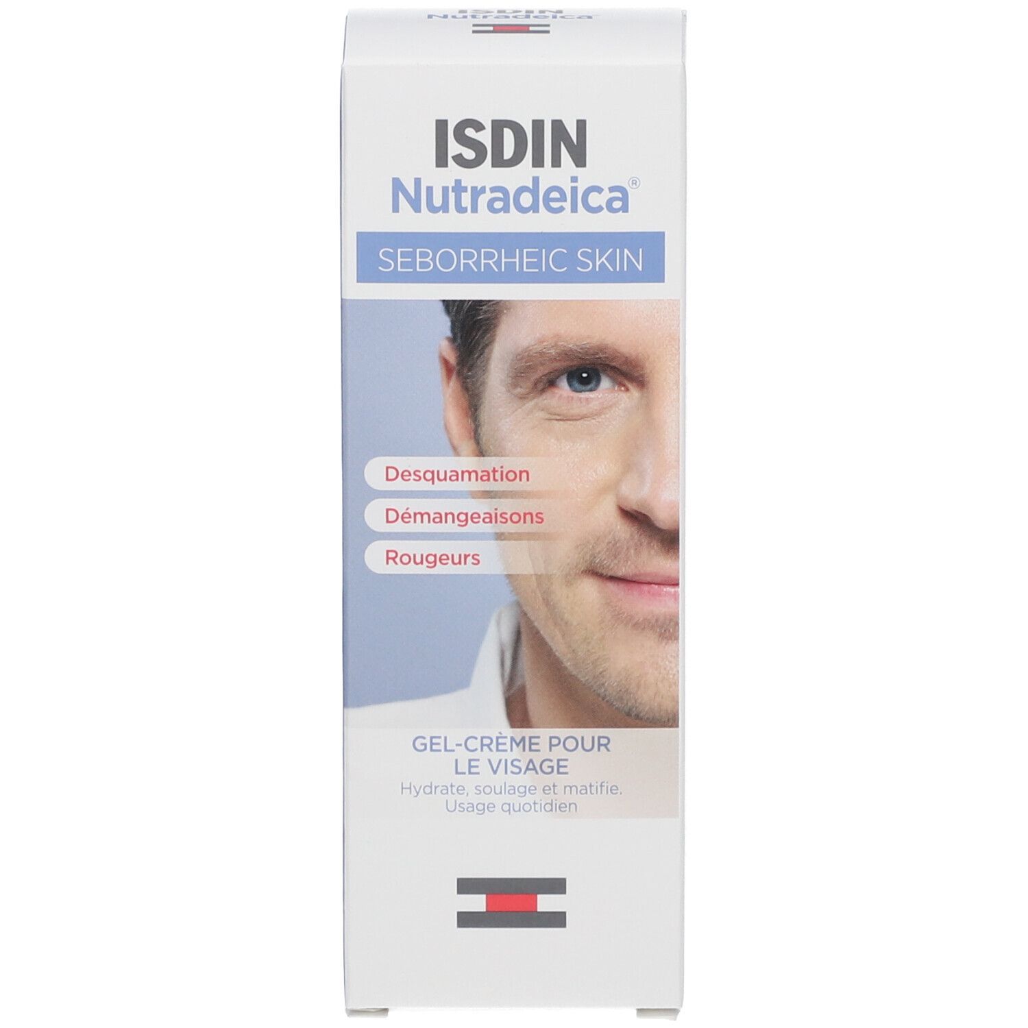 Emballage du produit avec le visage d'un homme. Inscription: ISDIN Nutradeica, Peau séborrhéique. Texte en espagnol et anglais.